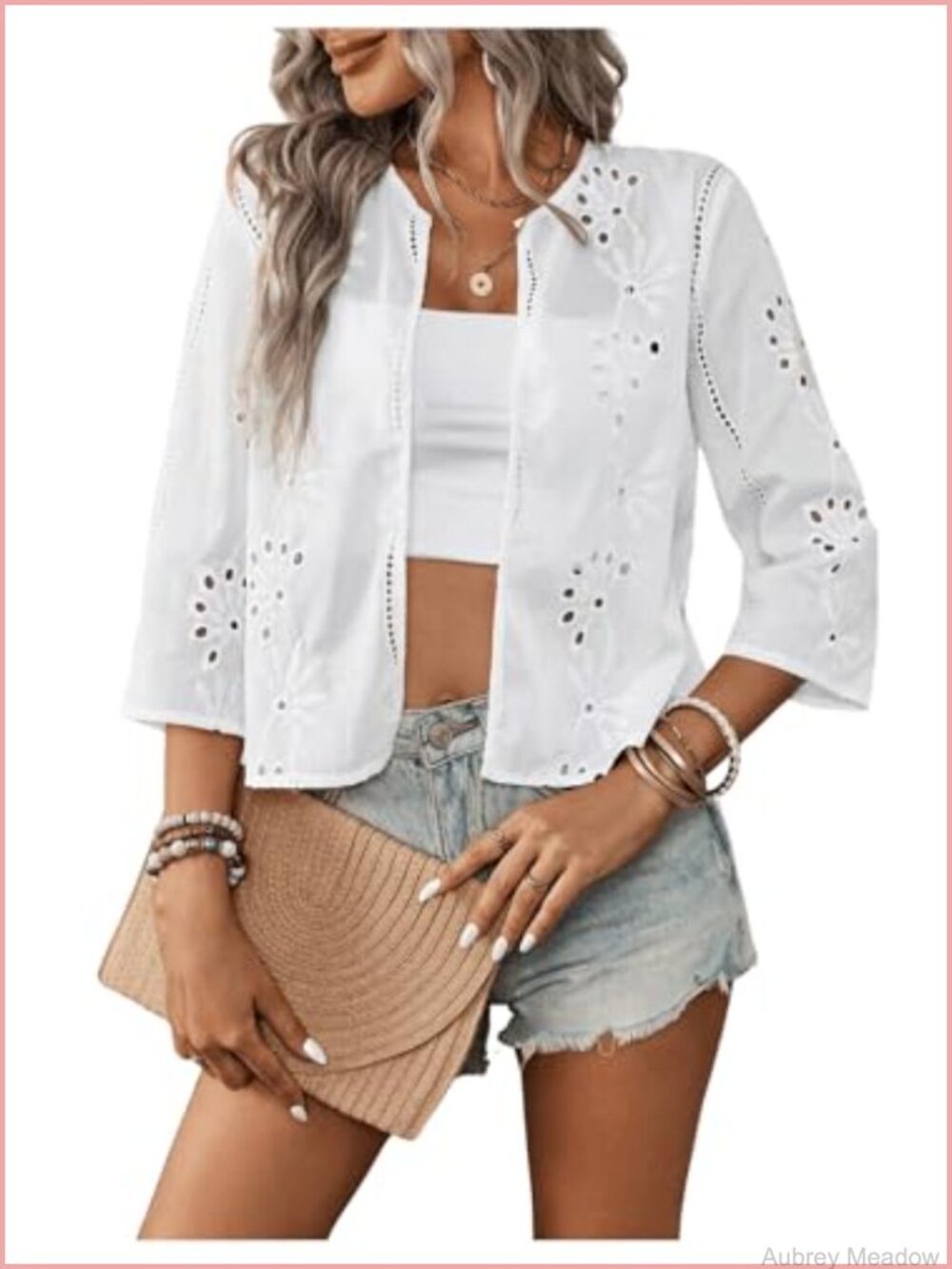 Eyelet Embroidery Open Front Cardigan 3/4 Sleeve Lightweight